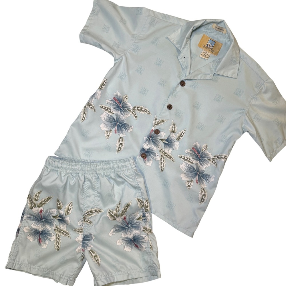 Vintage Coconut Pier Boys Light Blue Hibiscus Floral Cabana Shirt and Shorts Set